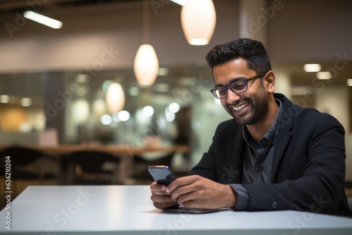 a man sitting at a white table in a modern office or cafe setting. He is wearing a black jacket and holding a phone in his hand.generative ai