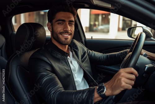  man driving a car. He is wearing a black leather jacket and is holding the steering wheel with both hands. The car has black leather seats and a black interior. Generative AI © gankevstock