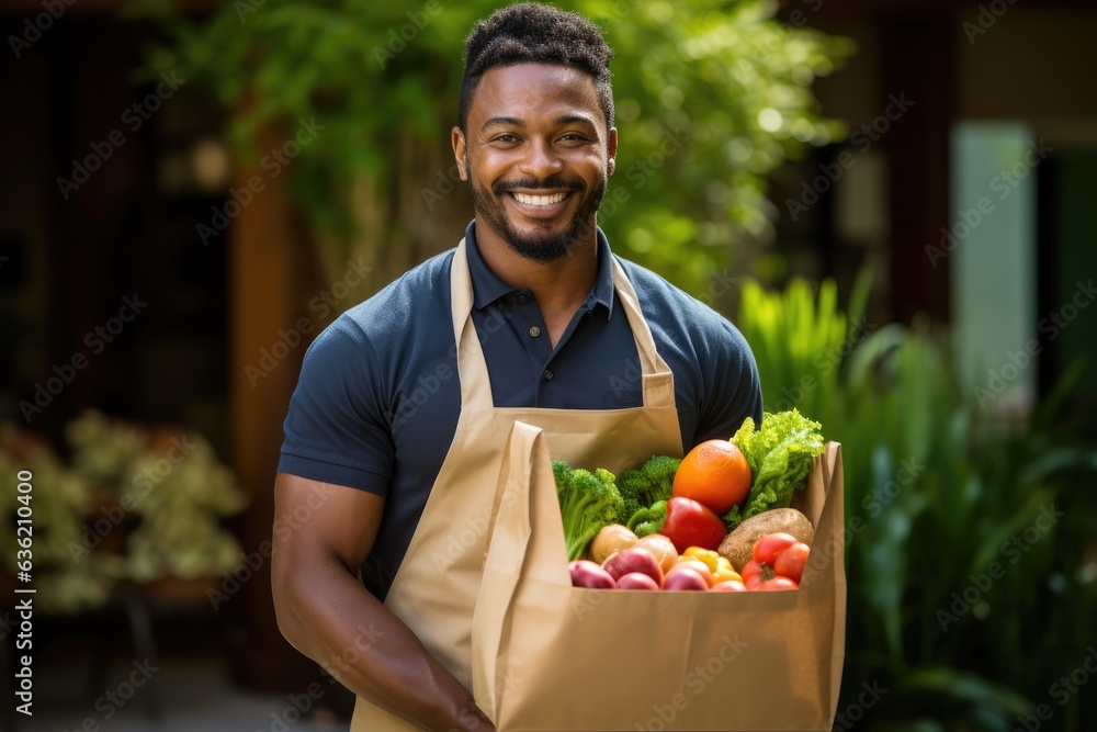 a man holding a paper bag filled with vegetables and fruits.. Generative AI a man holding a paper bag filled with vegetables and fruits.. Generative AI