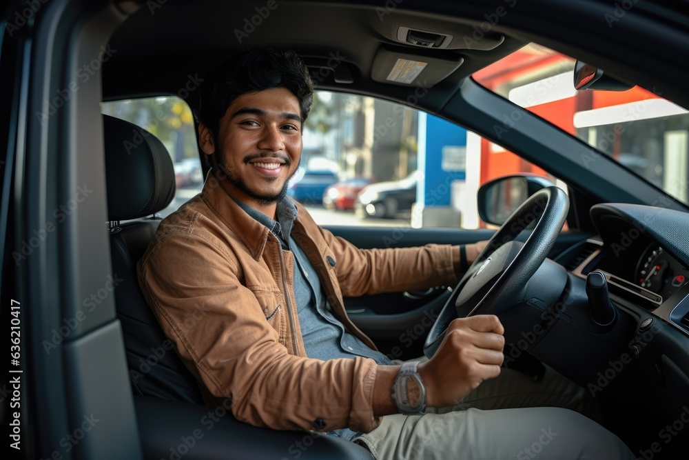 a man driving a car. He is wearing a beige jacket and a white shirt, and is holding the steering wheel with both hands. The car has black leather seats. Generative AI a man driving a car. He is wearing a beige jacket and a white shirt, and is holding the steering wheel with both hands. The car has black leather seats. Generative AI