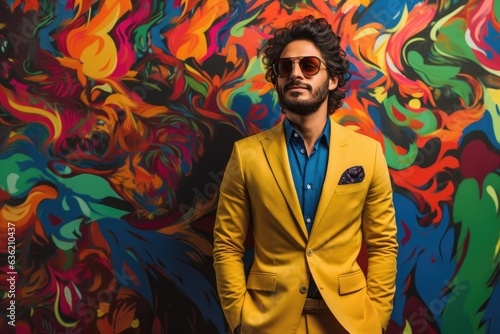 a businessman standing in front of a colorful abstract mural. . Generative AI