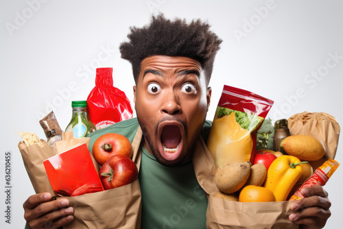 Amused African American with Grocery Package on White Background. Generative AI