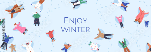 Winter holiday background. Snowy nature banner, happy people, families, children making snow angels on wintertime vacations. Outdoor fun in cold weather, card backdrop. Flat vector illustration