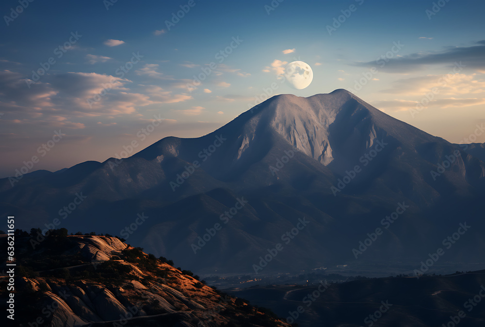 landscape Background of a mountain with the moon, zoom wallpaper, adventure and travel