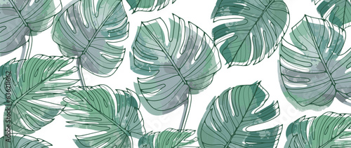 Tropical green background with monstera leaves in watercolor technique. Botanical background for decor, wallpapers, covers, postcards and presentations.