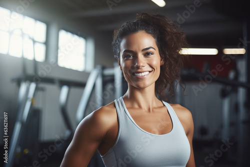 Portrait of beautiful fitness woman smiling and looking at camera