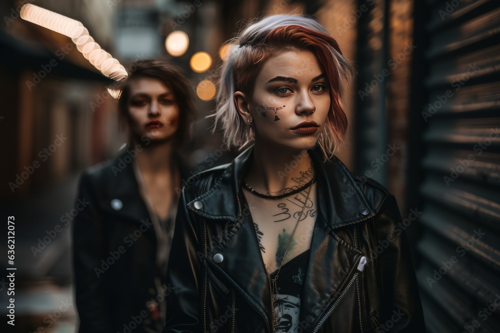 Fototapeta premium Gothic women wearing black jackets walking in the alleyway