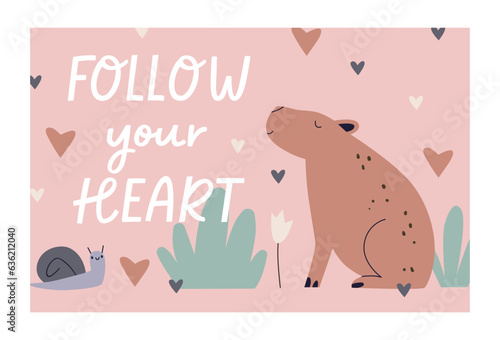 Scandinavian kids card design. Cute capybara, snail in nature, motivation pos...