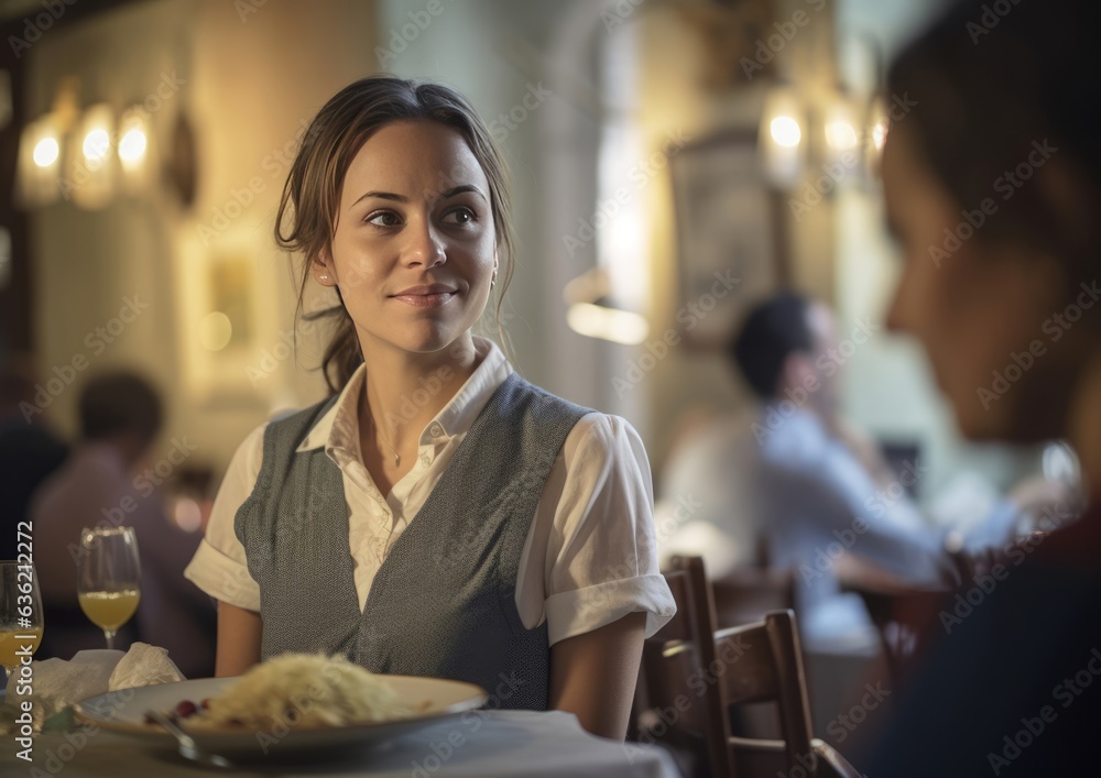 Beautiful waitress in a white shirt in the restaurant, ai art Stock ...