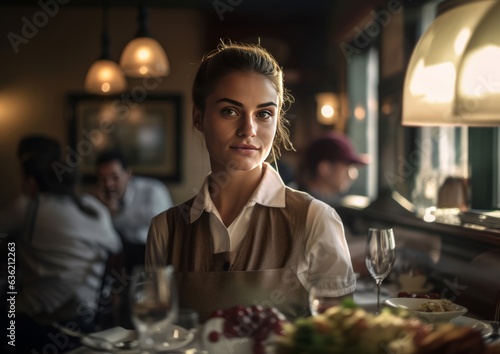 Beautiful waitress in a white shirt in the restaurant
