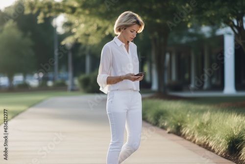 Beautiful businesswoman in a white shirt and white pants texting on the phone