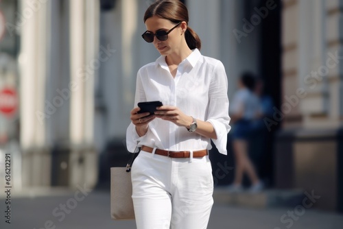Beautiful businesswoman in a white shirt and white pants texting on the phone