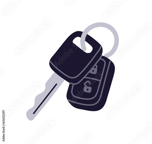 Car key with remote control. Auto keyring, keychain, electronic transponder with locking, unlocking buttons for opening, closing automobile door. Flat vector illustration isolated on white background