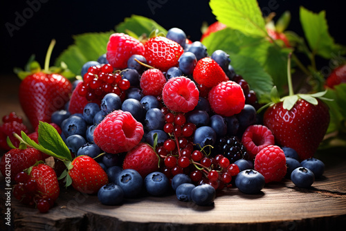 Mixed berries on wood table.