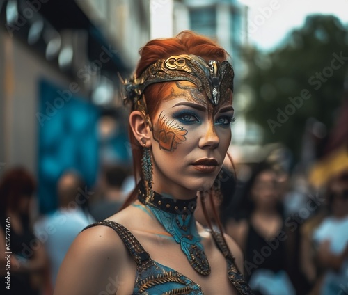 Beautiful redheaded girl with costume jewelry on a city street on a holiday, ai art