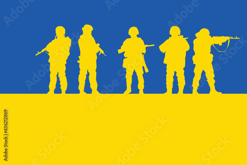 Image of the Ukrainian flag - Blue and yellow. Together with the silhouettes of the Ukrainian military. Day of the Ukrainian flag. Ukrainian Military Man Silhouette Vector Illustration