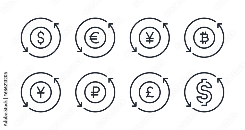 Money and currency exchange editable stroke outline icons set isolated on white background flat vector illustration. Pixel perfect. 64 x 64.