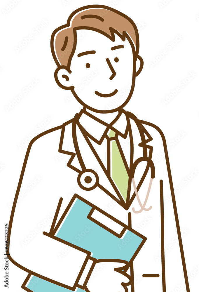 カルテを持って微笑む若い男性の医者イラスト
