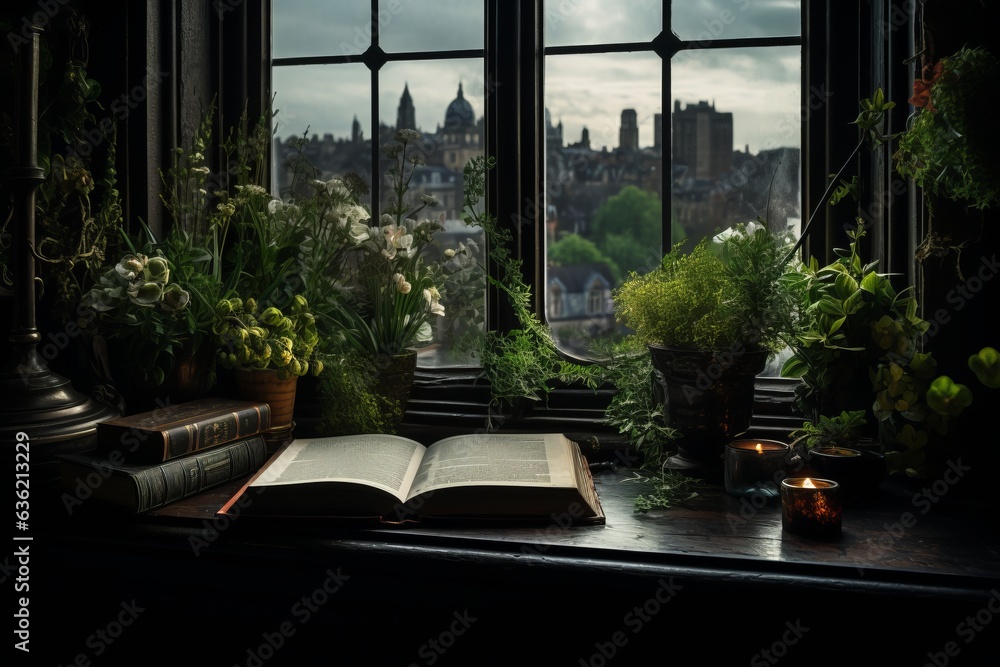 Obraz premium Serene Reading: A Book on a Sunlit Window Sill with Plants and Cityscape View, Generative AI