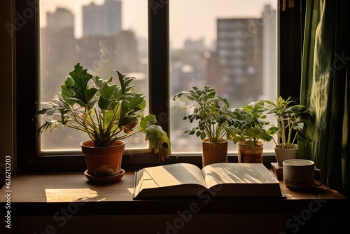 Serene Reading: A Book on a Sunlit Window Sill with Plants and Cityscape View, Generative AI