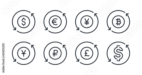 Fotografiet Money and currency exchange editable stroke outline icons set isolated on white background flat vector illustration