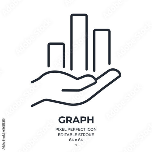 Hand with graph chart editable stroke outline icon isolated on white background flat vector illustration. Pixel perfect. 64 x 64.
