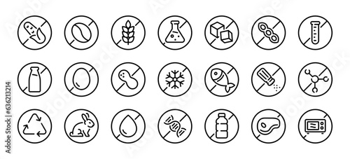 Allergen free badges. No sugar, gluten, lactose, oil free editable stroke thin outline icons set isolated on white background flat vector illustration. Pixel perfect. 64 x 64.