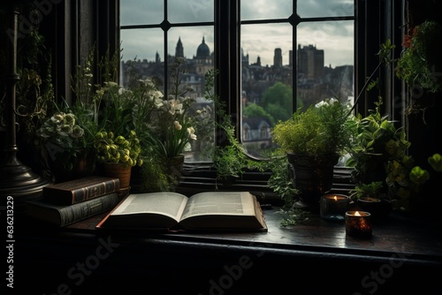 Serene Reading: A Book on a Sunlit Window Sill with Plants and Cityscape View, Generative AI