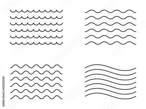 Water waves. Wavy zigzag lines. Striped zigzag lines and waves, wavy line art. Black curved wavy lines pattern. Vector stock illustration.