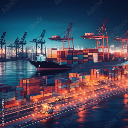 container cargo freight ship at night