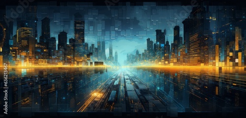 Urban Skylines with Vibrant Blue and Yellow Lines, Modern Cityscape Background with Copy Space, Generative AI