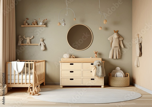 Stylish and cute scandinavian decor of newborn baby room with natural toys, hanging decor balls, macrame, pouf, plush animals and teddy bears. Beige walls. AI Generated