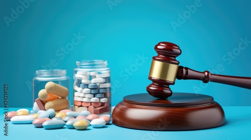 Gavel with pills. medical concept. Medical law and crime created with Generative AI technology