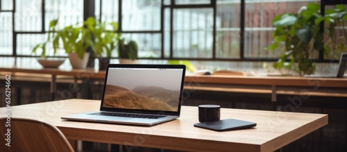 Modern office workspace with laptop on desk, copy space, Generative AI