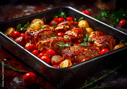 Variety of raw meat with seasoning on dark background. Top view with copy space, AI Generated