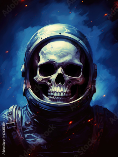Dead astronaut. Skull in space suit on dark background. Digital art.