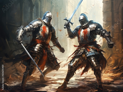 Battle of two medieval knights. Digital art.