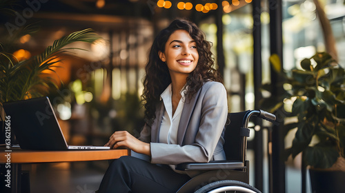 Business woman in a wheelchair, person working on laptop