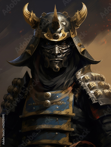 Samurai in a helmet and mask. Digital art.