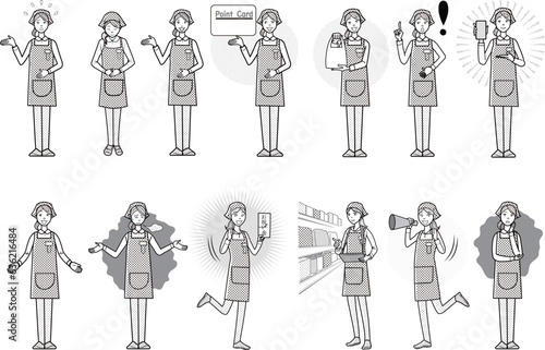 女性店員の白黒イラストセット