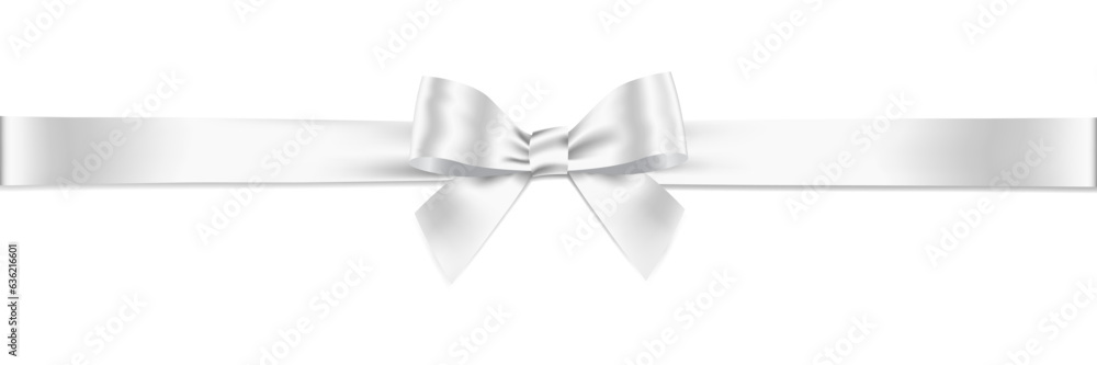 White Ribbon Bow Realistic shiny satin with shadow long horizontal ribbon for decorate your wedding invitation card ,greeting card or gift boxes vector EPS10 isolated on White background. - obrazy, fototapety, plakaty 