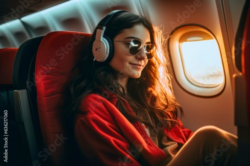 Happy Girl with Headphones Traveling by Air: Music and Adventure © Filippo Carlot