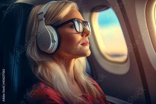 Relaxed Girl with Headphones Traveling by Air: Music and Serenity