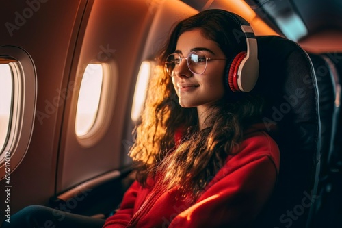 Happy Girl with Headphones Traveling by Air: Music and Adventure