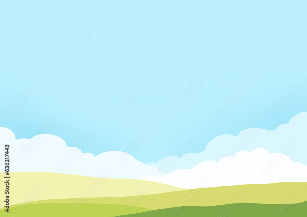 green field and blue sky with clouds handdrawn background