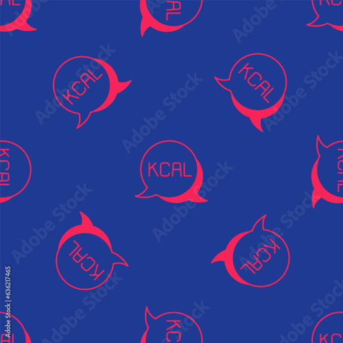 Red Kcal icon isolated on isolated seamless pattern on blue background. Health food. Vector