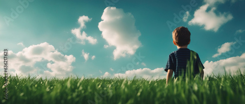 Wide angle photo of a small child sitting in bright green grass against a blue sky with clouds. Happy childhood concept. Beautiful wallpaper.
