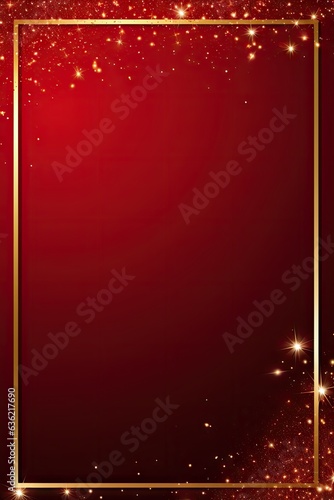 gold sparkles or glitter lights on a red background with a gold frame. Defocused circles bokeh. Festive Valentine's or Christmas background. copy space