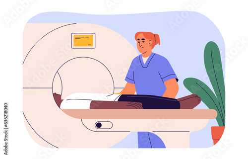 Doctor doing tomography to patient. MRI scanning, medical examination, checkup of health, computer diagnostic in hospital, clinic. Nurse do CT, scan brain. Flat isolated vector illustration on white