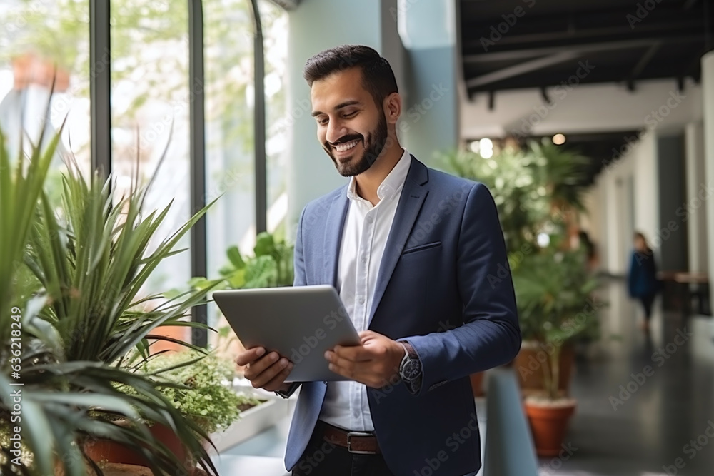 Male professional employee using digital tablet device standing in office checking online financial market data Male professional employee using digital tablet device standing in office checking online financial market data